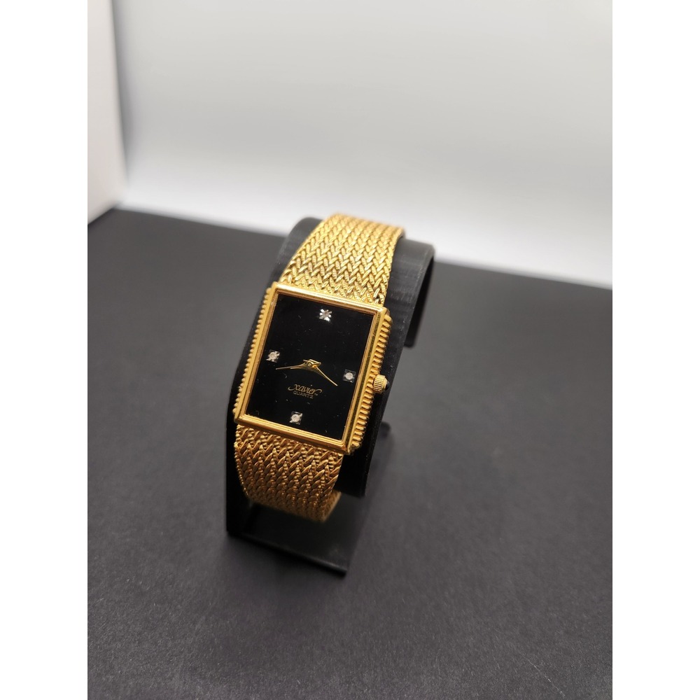 Xavier Quartz Watch Gold Tone Rectangular Black Dial Crystal Markers Mesh Band